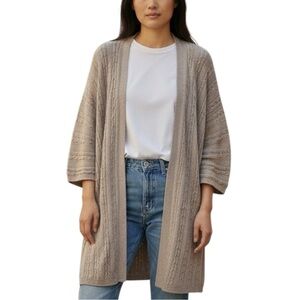 J. Jill Tan Cable Knit Long Line Cotton Blend Kimono Style Open Cardigan - Large